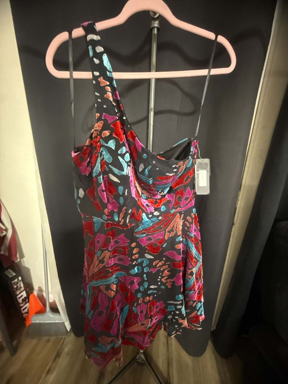 City Studios One-Shoulder Skater Dress Size 13 Multi Velvet Abstract